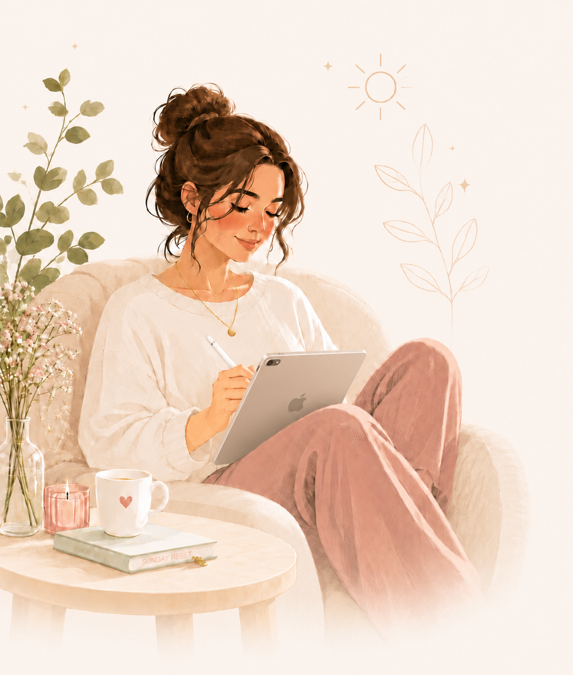A woman relaxing in a cozy chair, journaling with a cup of tea